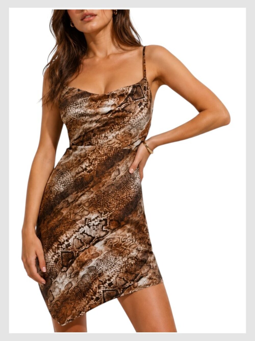GUESS Brown Snake Print Cowl Neck Slip Mini Dress S